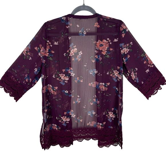 Mason & Belle Burgundy Floral 3/4 Sleeve Sheer Open Crochet Trim Blouse Size S - Picture 2 of 7